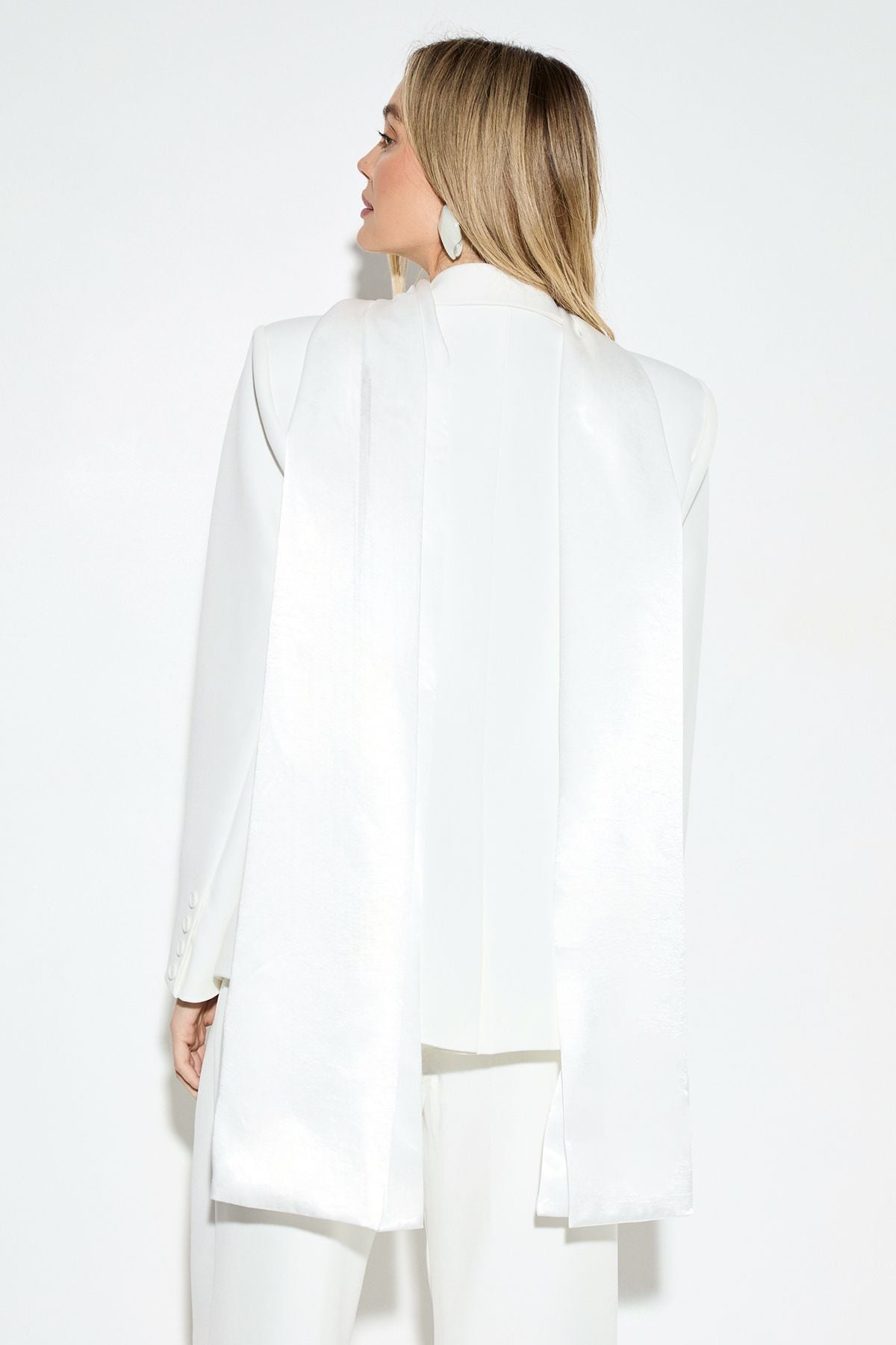 MissPap Satin Scarf Detail Longline Blazer Ivory image 3