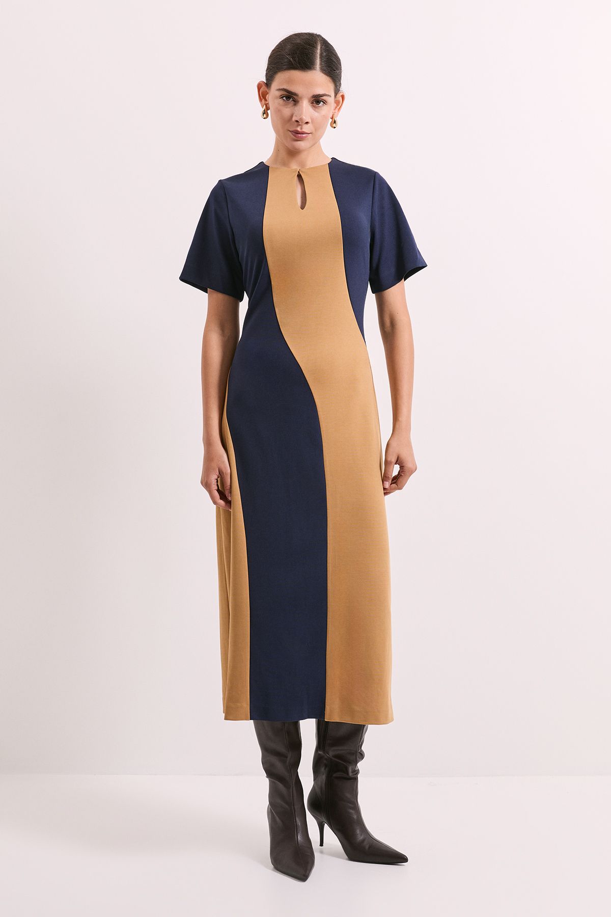 Principles Colour Block Ponte Detail Midi Dress Camel