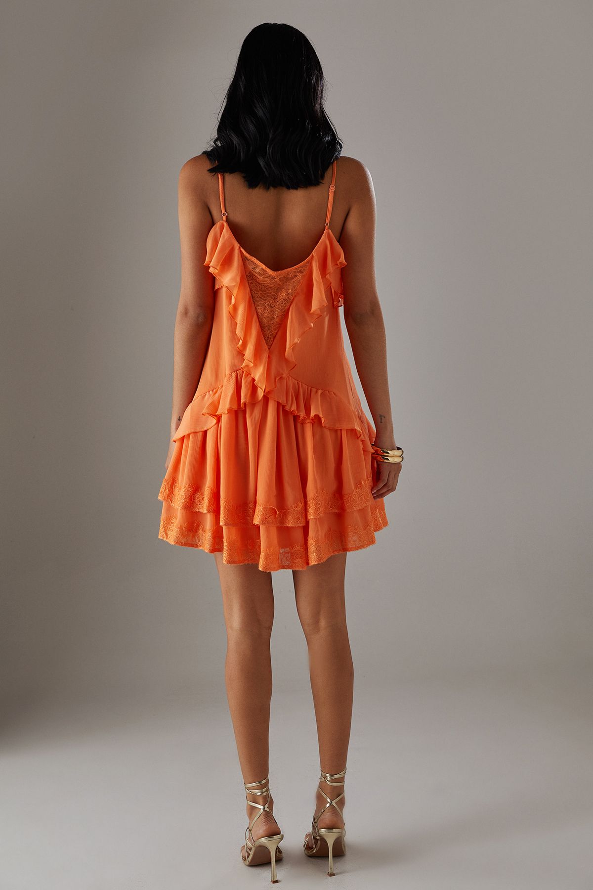 Warehouse Chiffon Strappy Lace Insert Smock Mini Dress Peach image 3