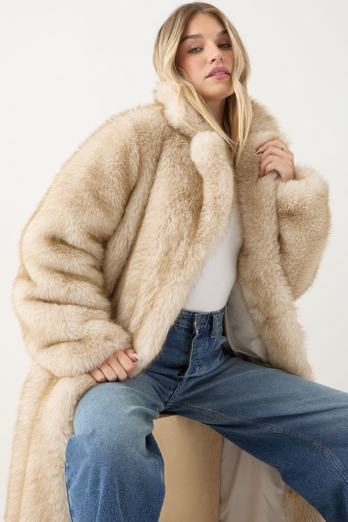 MissPap Collared Faux Fur Longline Coat Taupe image 2