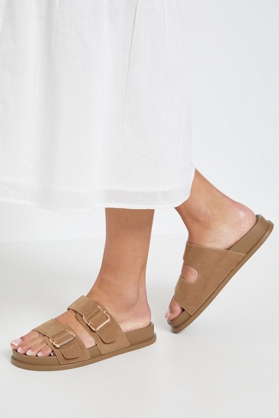 Dorothy Perkins Fisher Faux Suede Double Buckle Footbed Flat Sandals Tan