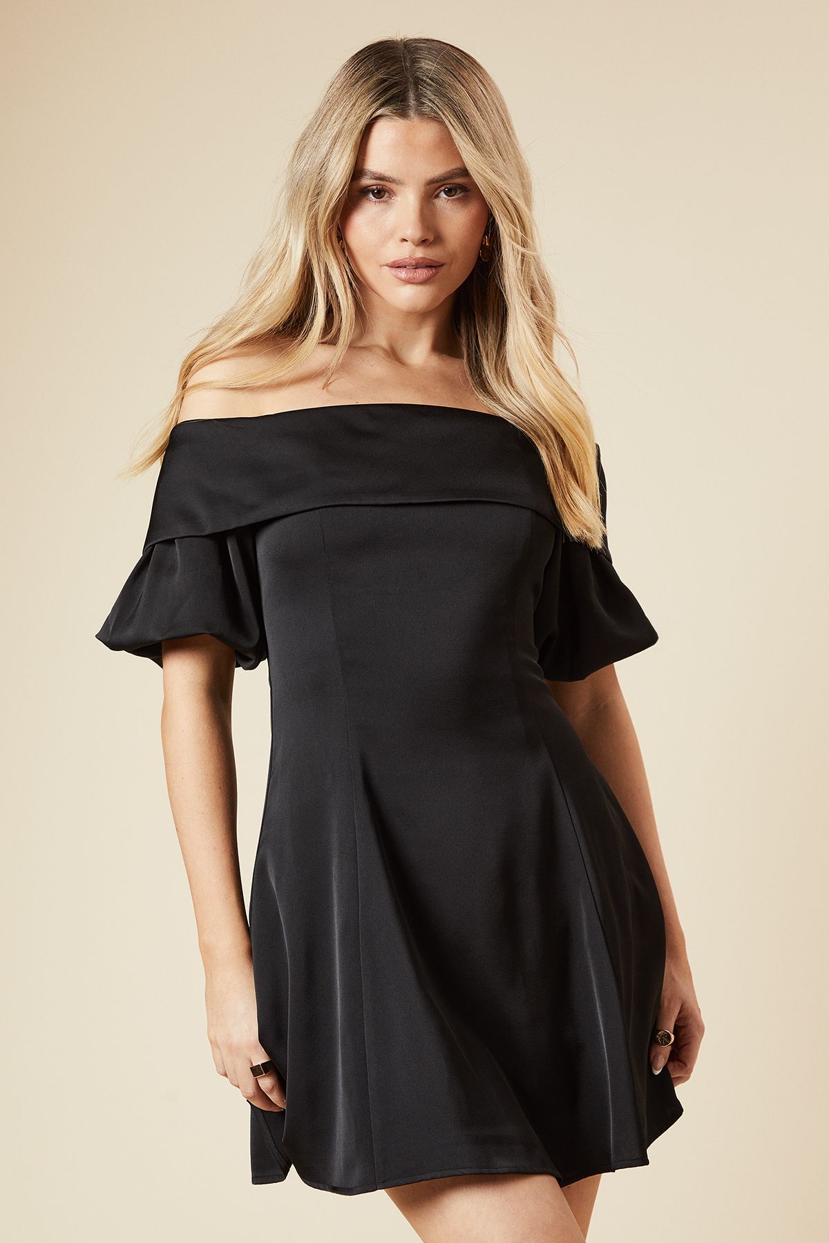 Dorothy Perkins DP Luxe Black Bardot Seamed Puff Sleeve Mini Dress Black image 1