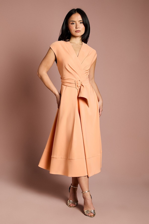 Coast Petite Belted Crepe Dress Coral