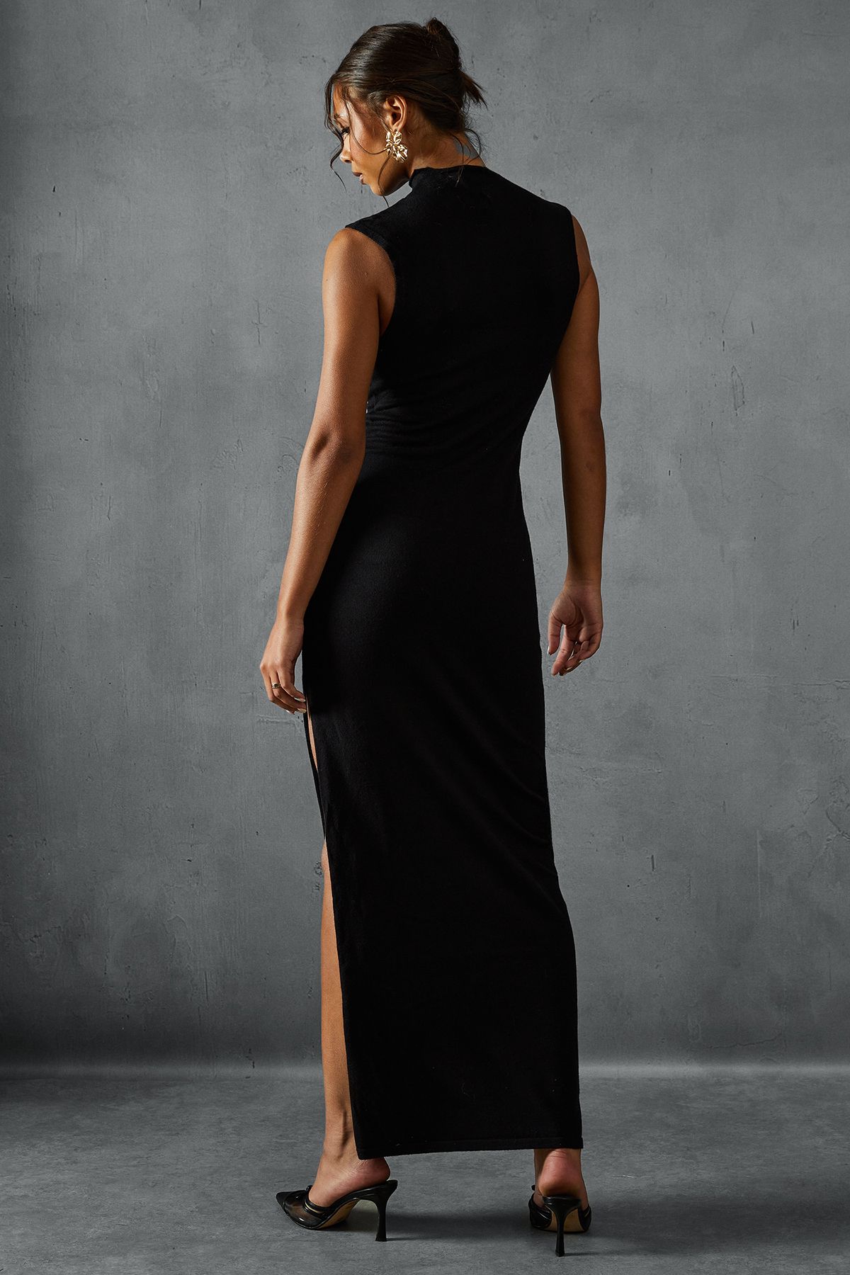 MissPap Soft Knit Grown On Neck Sleeveless Split Leg Maxi Dress Black image 3