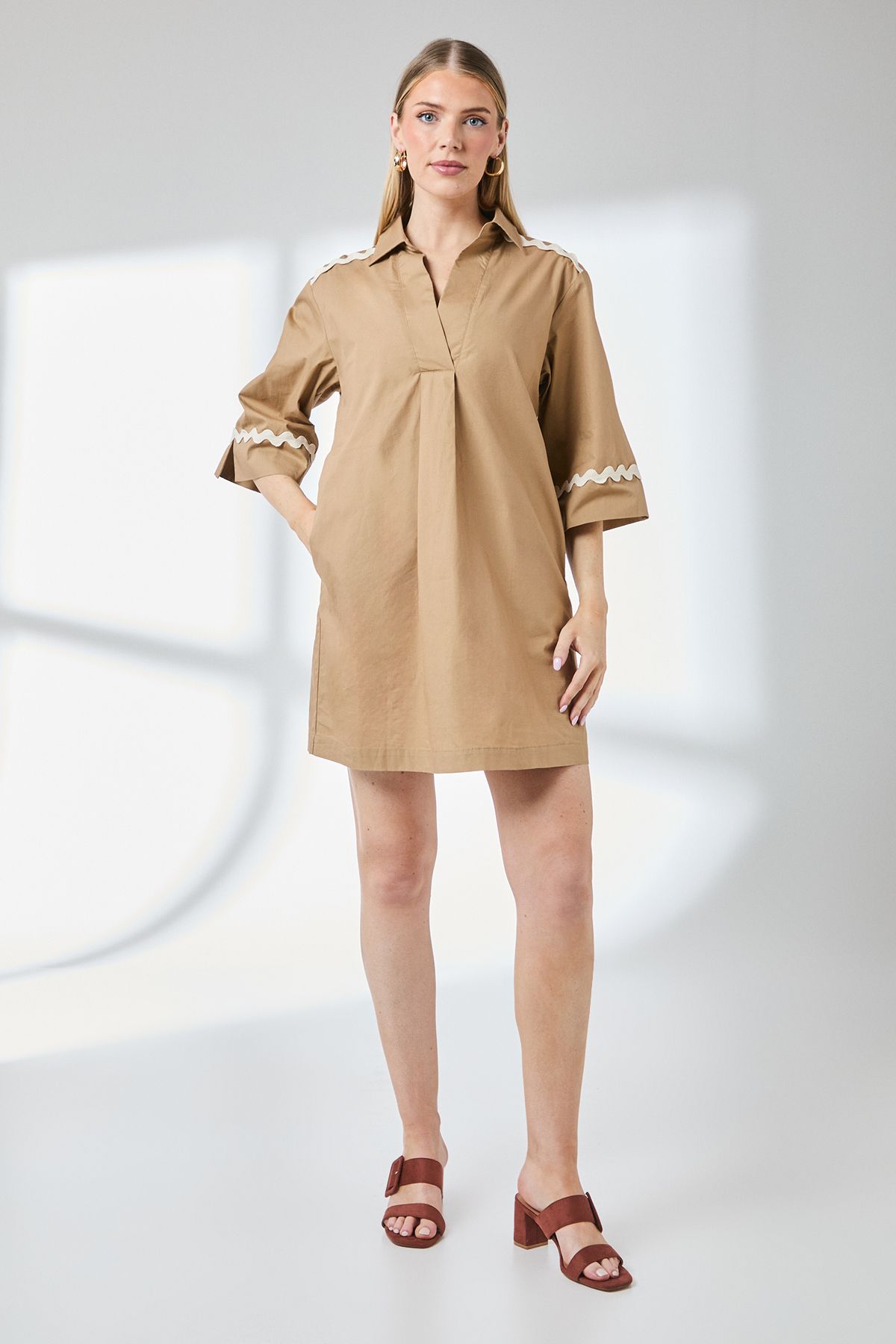 Principles Sand Collared Trim Detail Mini Shirt Dress Sand image 1