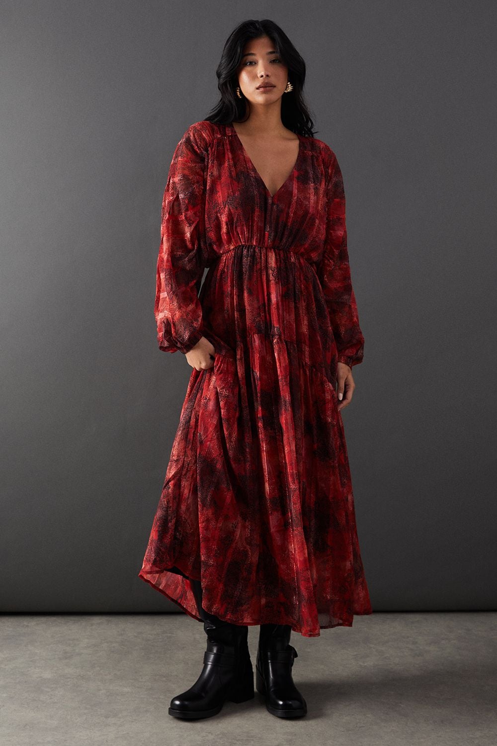 Warehouse Shadow Stripe Chiffon Plunge Neck Tier Midi Dress Red image 1