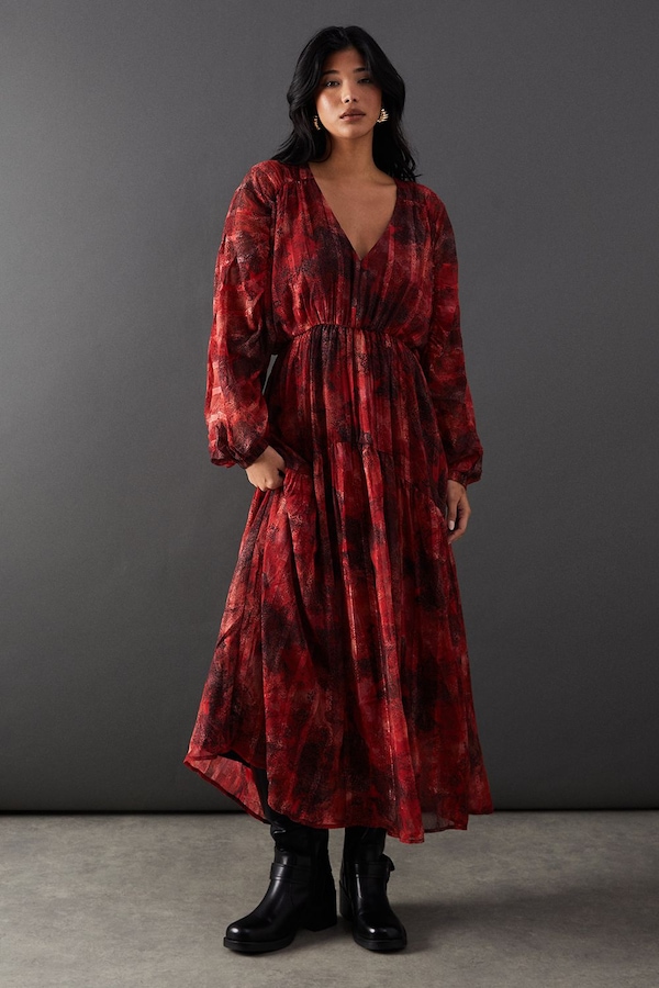 Warehouse Shadow Stripe Chiffon Plunge Neck Tier Midi Dress Red