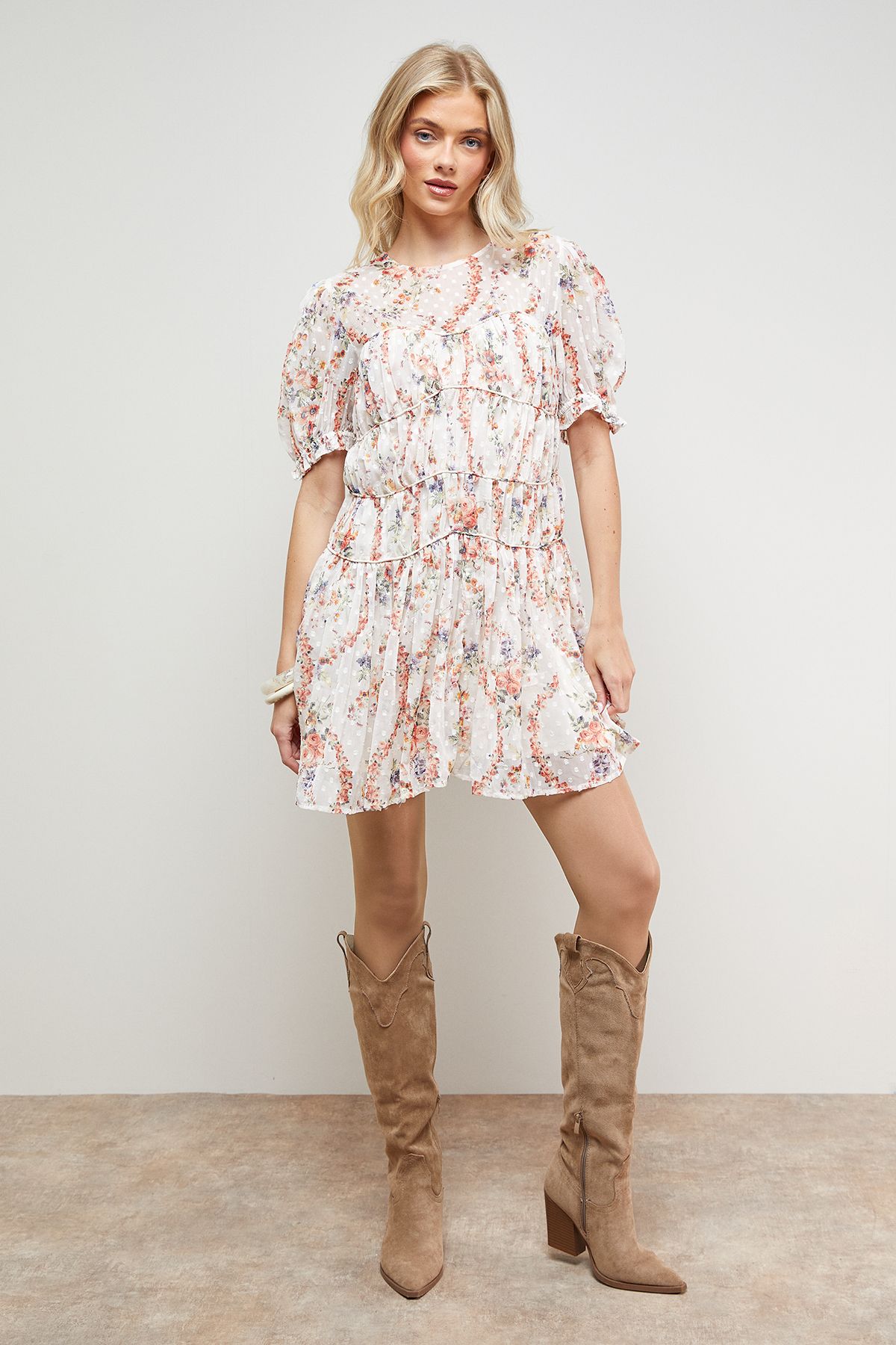 Oasis Printed Dobby Shirred Bodice Mini Dress Ivory image 1