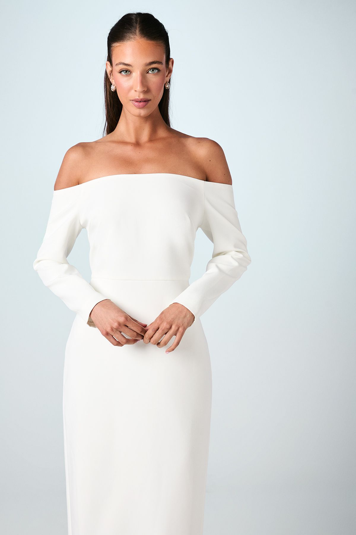 Coast Bardot Long Sleeve Crepe Column Wedding Dress Ivory image 2