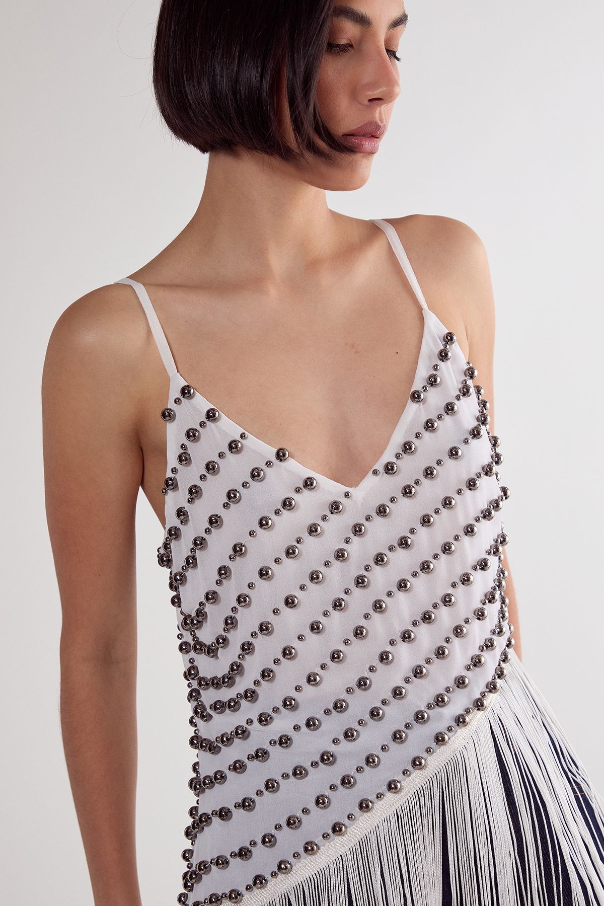 NastyGal Studded Asymmetric Fringed Cami Top White image 5