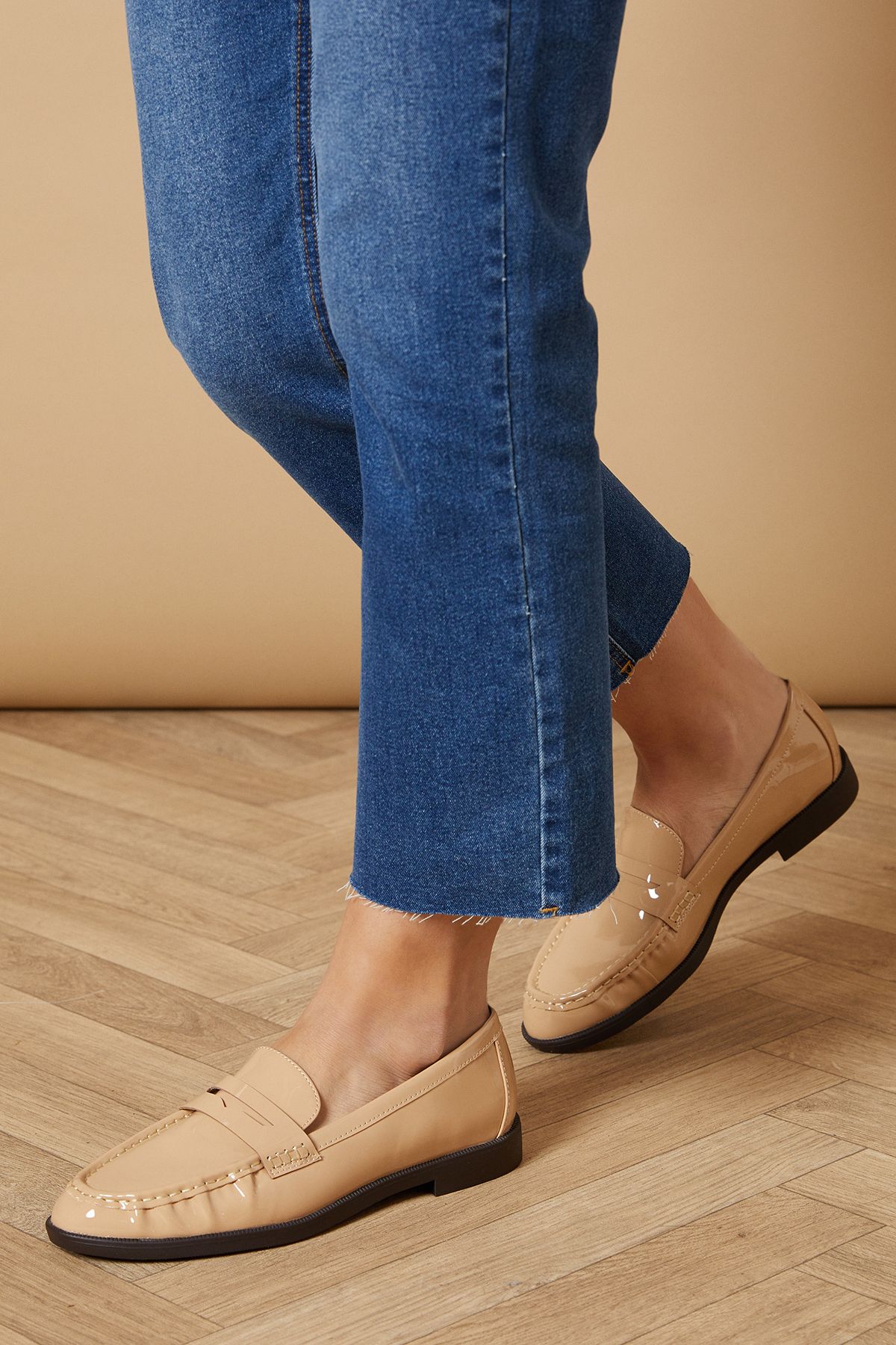 Oasis Baya Faux Patent Leather Penny Detail Loafers Beige image 1