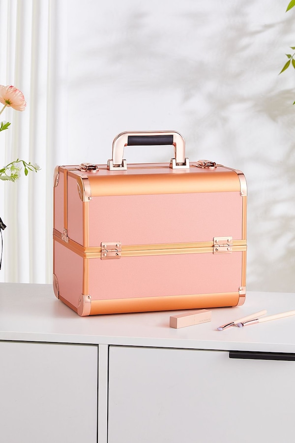 SHEONLY Gold Cosmetic Box 4 Trays with Compartments Professional Makeup Box Storage Organizer Case