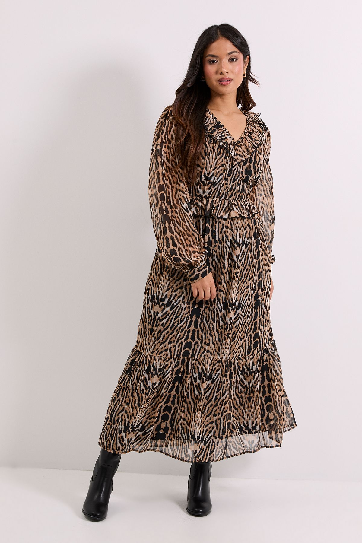 Dorothy Perkins Petite Leopard Pleat Bodice Ruffle Neck Blouson Sleeve Midaxi Dress Leopard image 1
