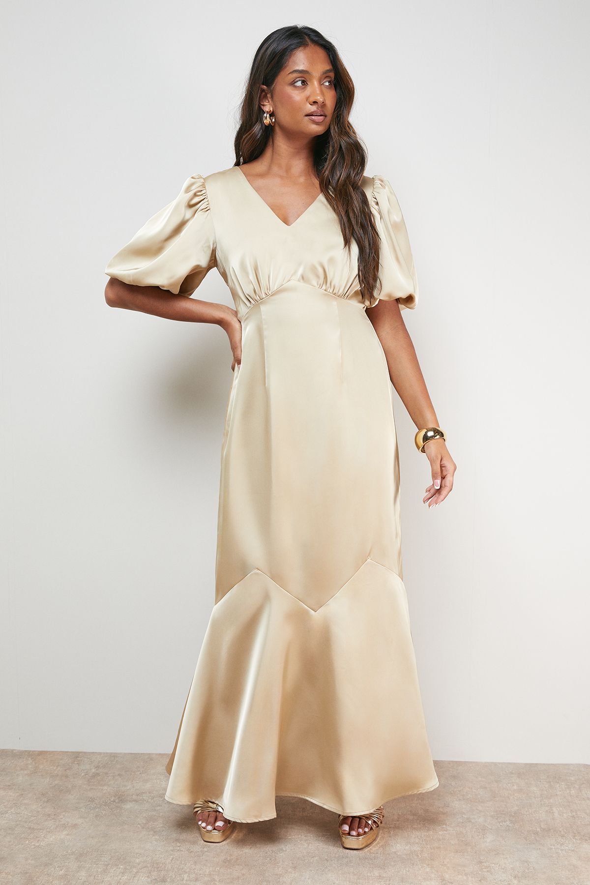 Oasis Satin Puff Sleeve V Neck Fishtail Maxi Dress Champagne image 1