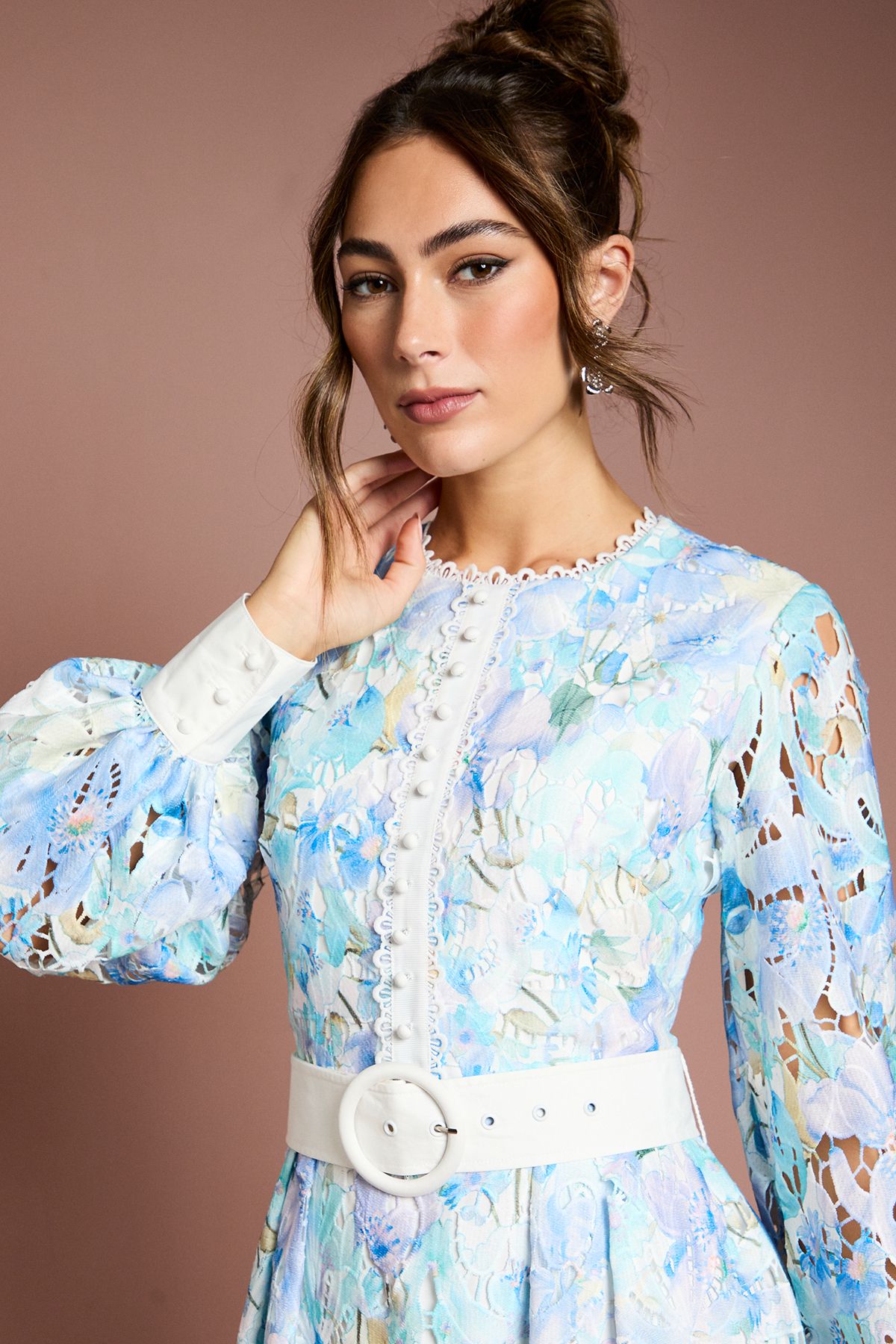 Coast Printed Lace Blouson Sleeve Belted Midi Dress Light Blue image 4