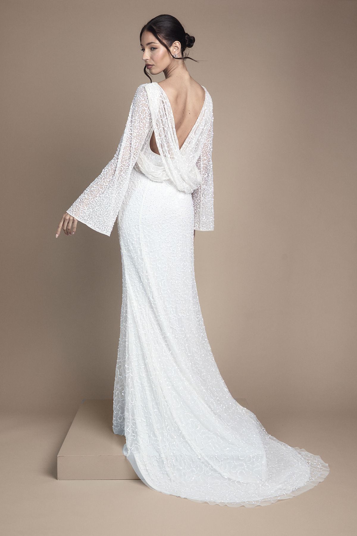 Coast Long Sleeve Flare Sleeve Cowl Back Sequin Wedding Dress Ivory image 3