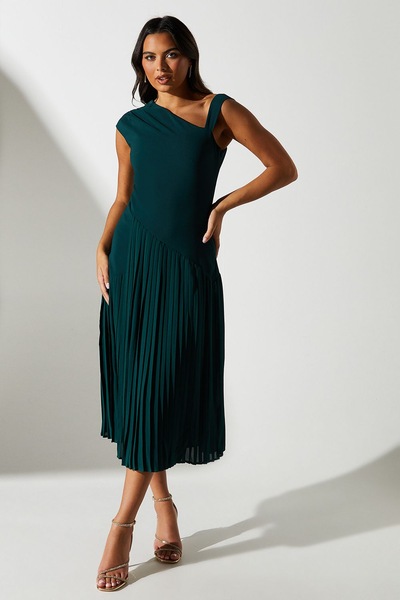Coast Panelled Bodice Pleated Skirt Midi Dress Dark Green
