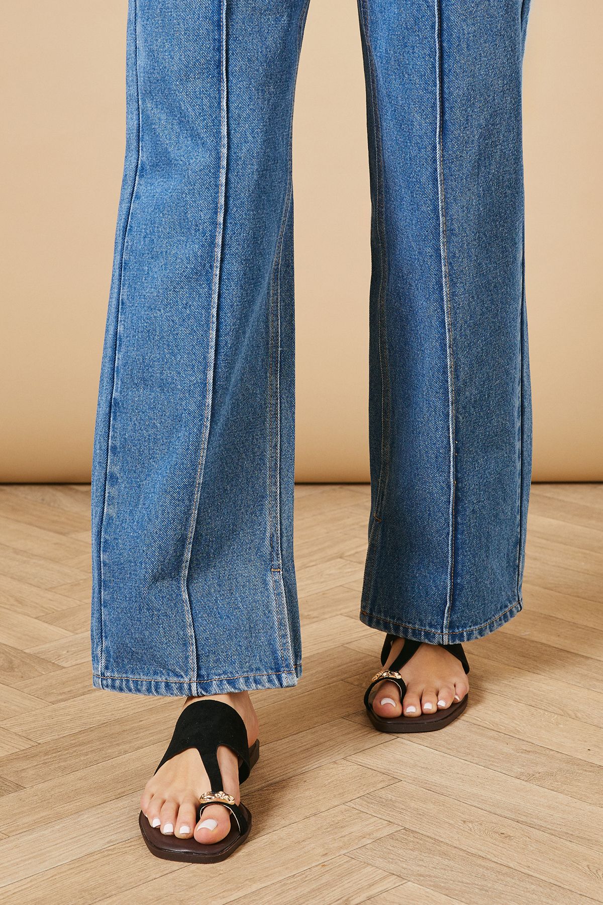 Oasis Fudge Faux Suede Embellished Toe Loop Sliders Natural Black image 2