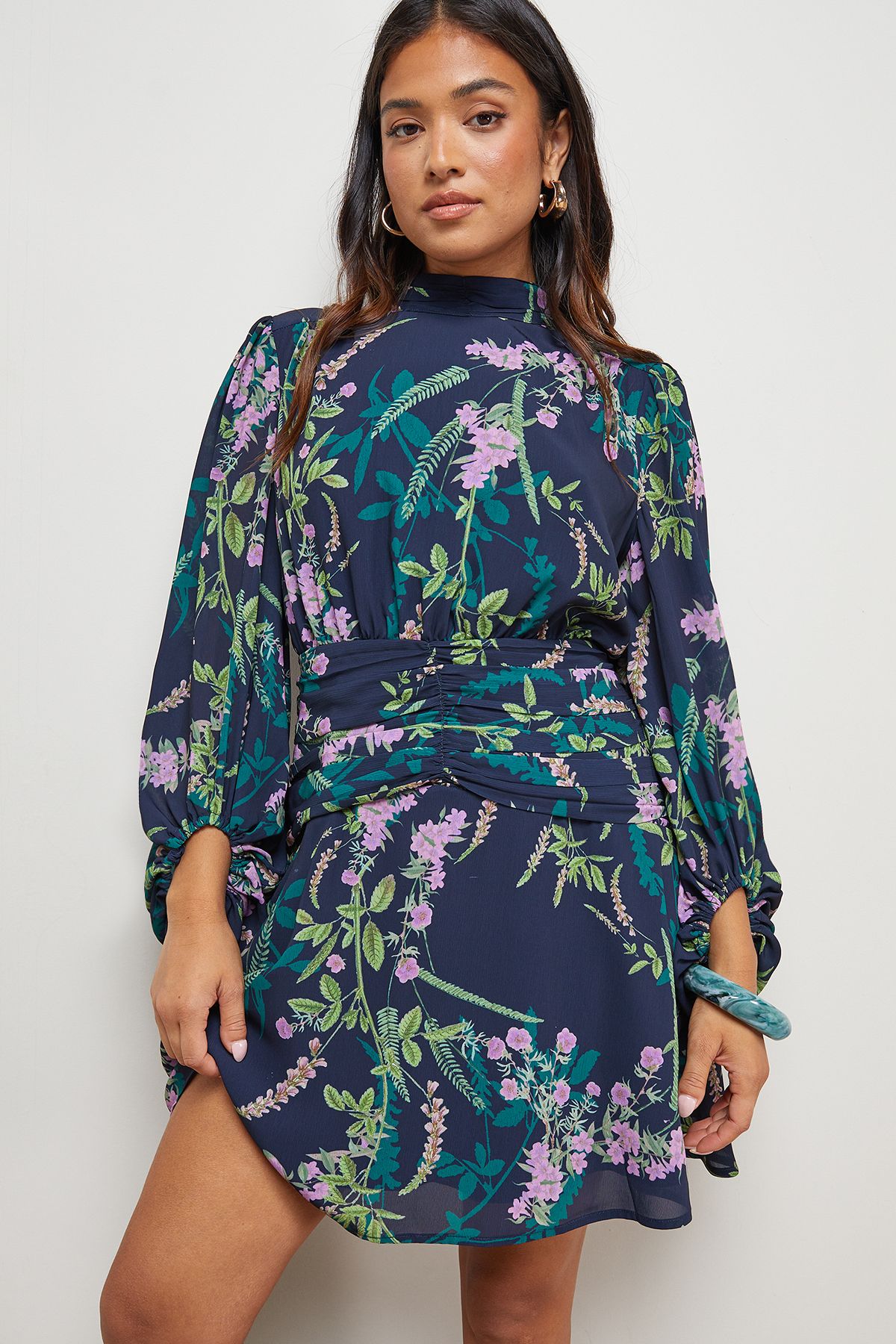 Oasis Petite High Neck Gathered Waist Balloon Sleeve Mini Dress Navy image 4