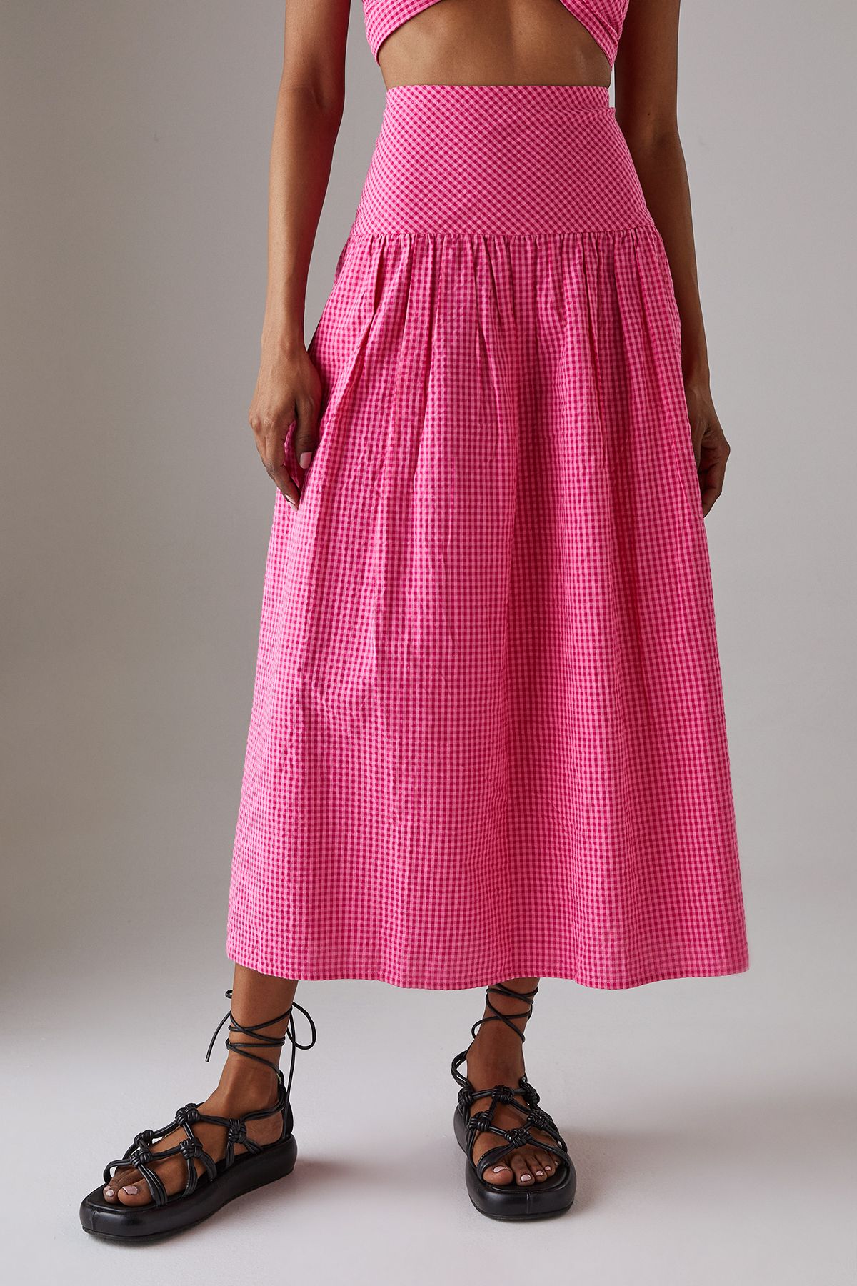 Warehouse Gingham High Waisted Midi Skirt Pink image 1