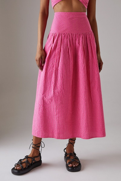 Warehouse Gingham High Waisted Midi Skirt Pink