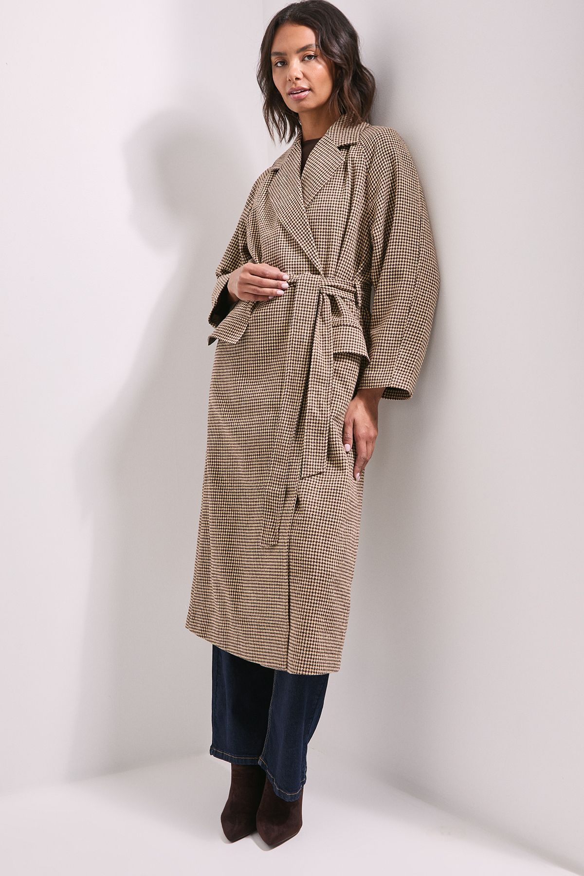 Dorothy Perkins Dogtooth Midi Blazer Coat Chocolate image 4