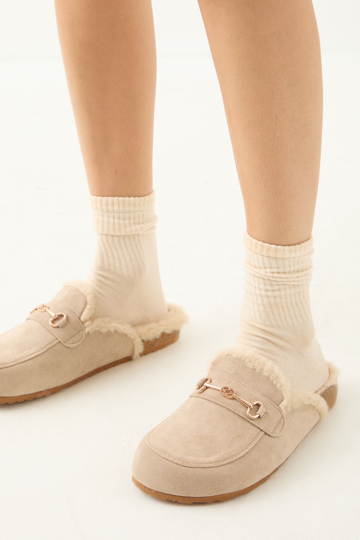 MissPap Faux Suede Fur Lined Snaffle Detail Closed Toe Mules Beige image 4