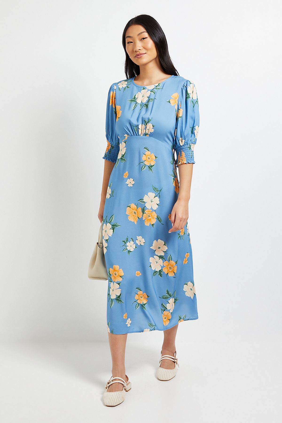 Dorothy Perkins Petite Shirred Cuff Midi Dress Floral