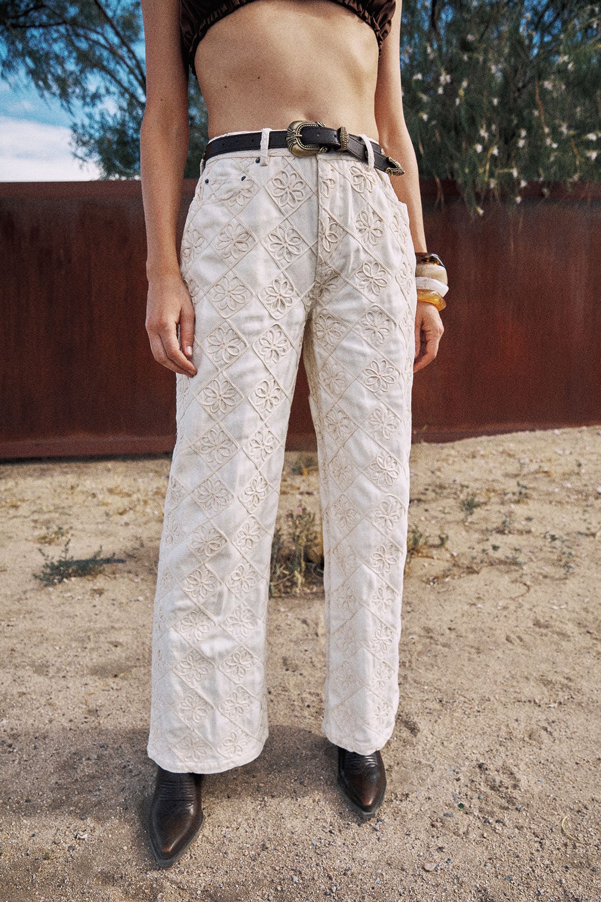 NastyGal Embroidered Flower Straight Leg Denim Jeans Ecru image 2