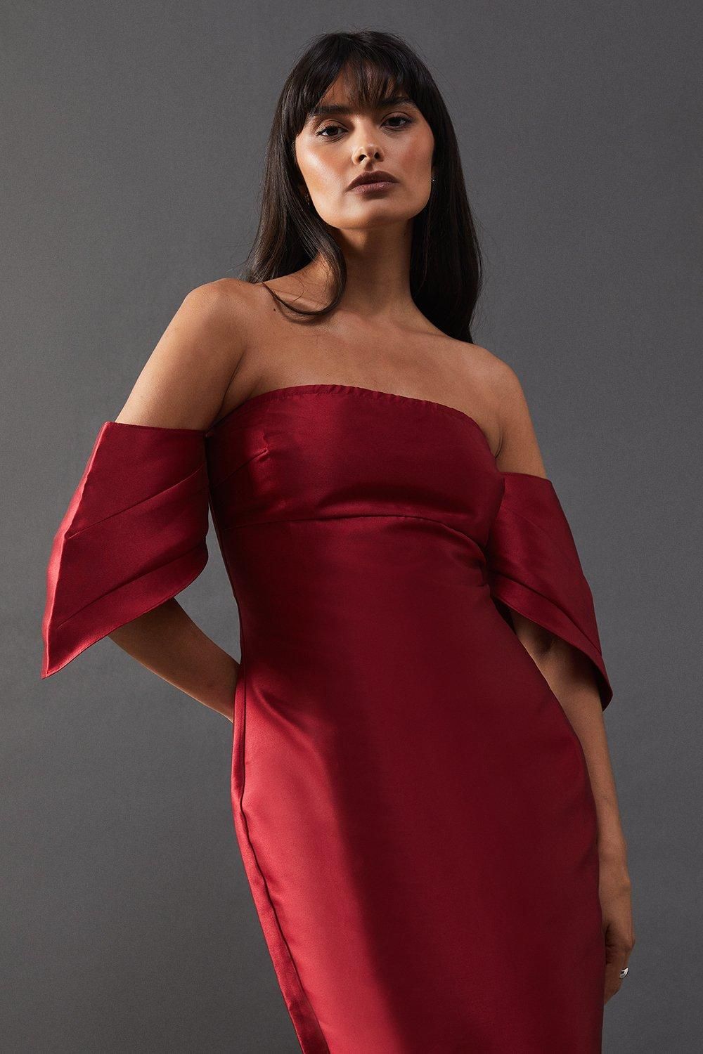 Warehouse Structured Puff Sleeve Bardot Midi Dress Dark Red image 2