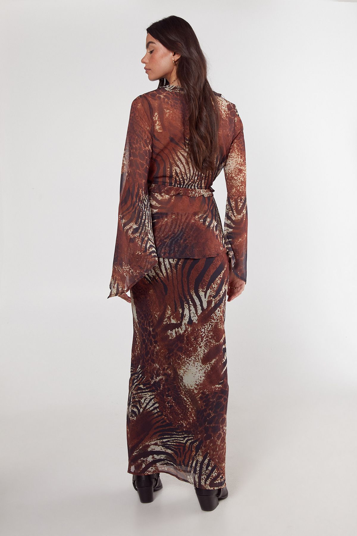 NastyGal Mixed Animal Crinkle Chiffon Bias Cut Maxi Skirt Tan image 5