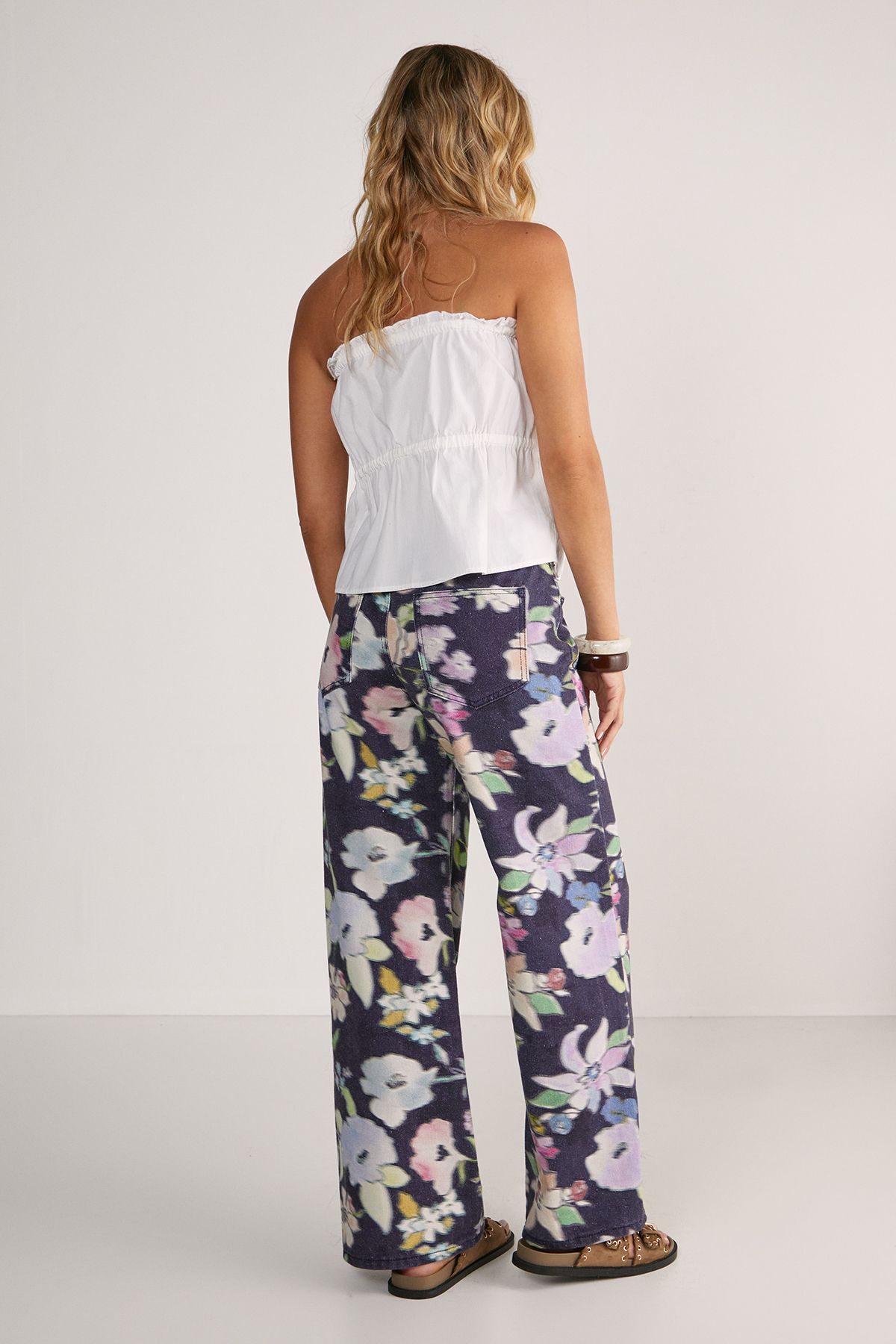 NastyGal Floral Print Denim Wide Leg Jean Black image 4