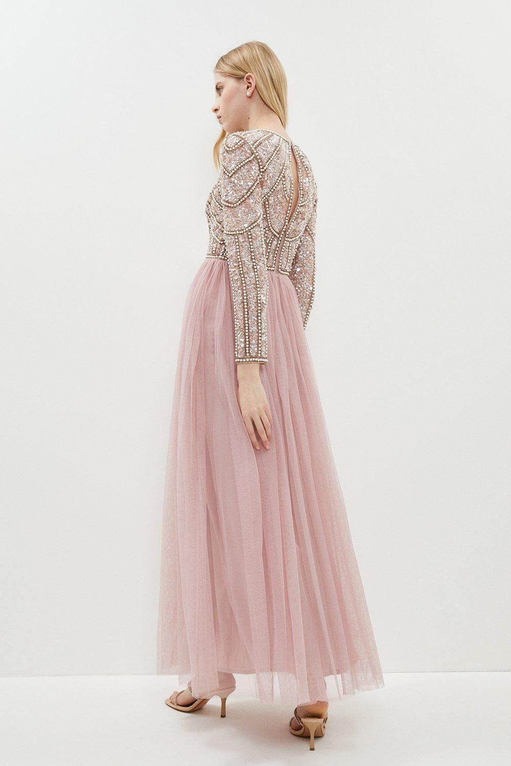 Coast Coast Honoured Long Sleeve Sequin Bodice Tulle Skirt Maxi Bridesmaid Dress Blush image 3