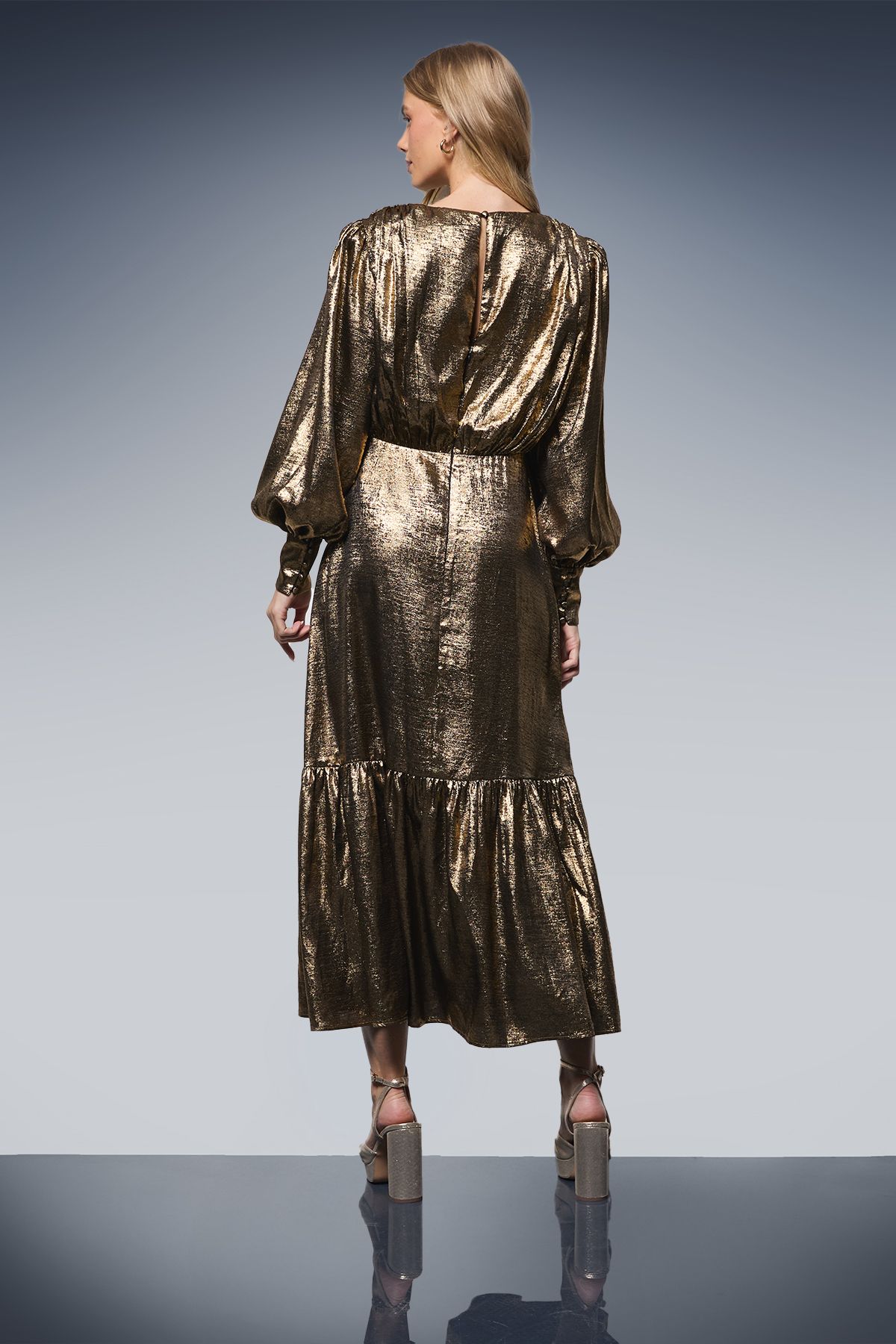 Oasis Lame Balloon Sleeve Midi Dress Gold image 3