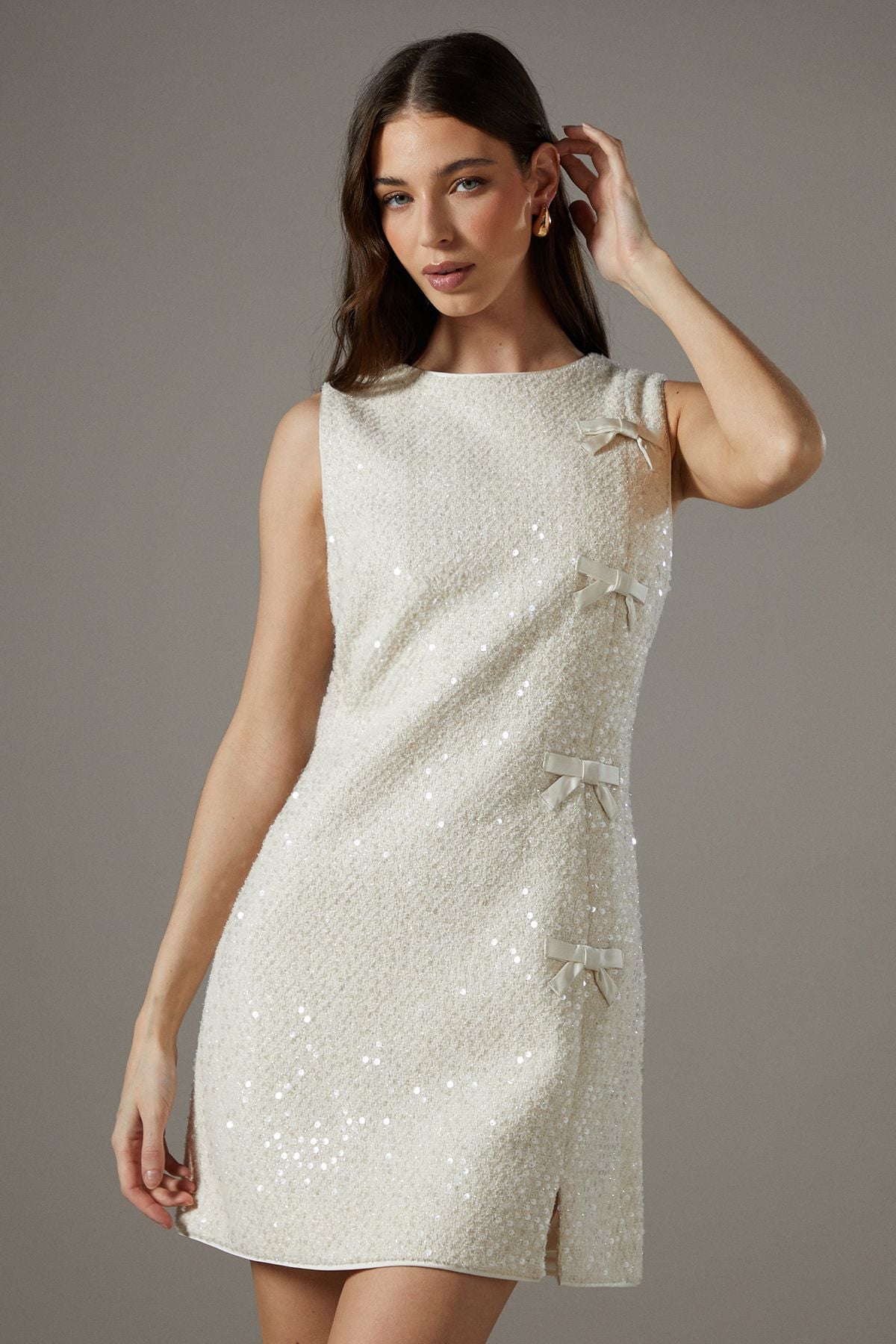 Coast Sequin Boucle Shift Dress With Bows Ivory image 1