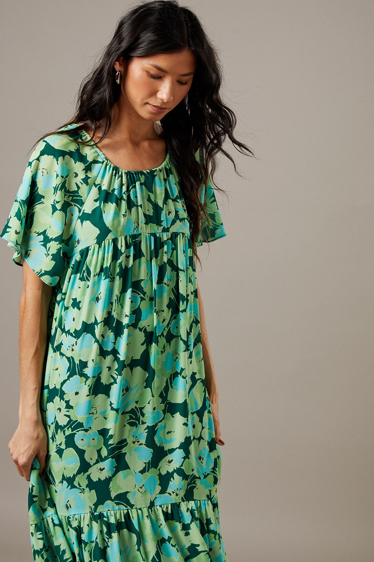 Warehouse Chiffon Tier Smock Midi Dress Floral image 2