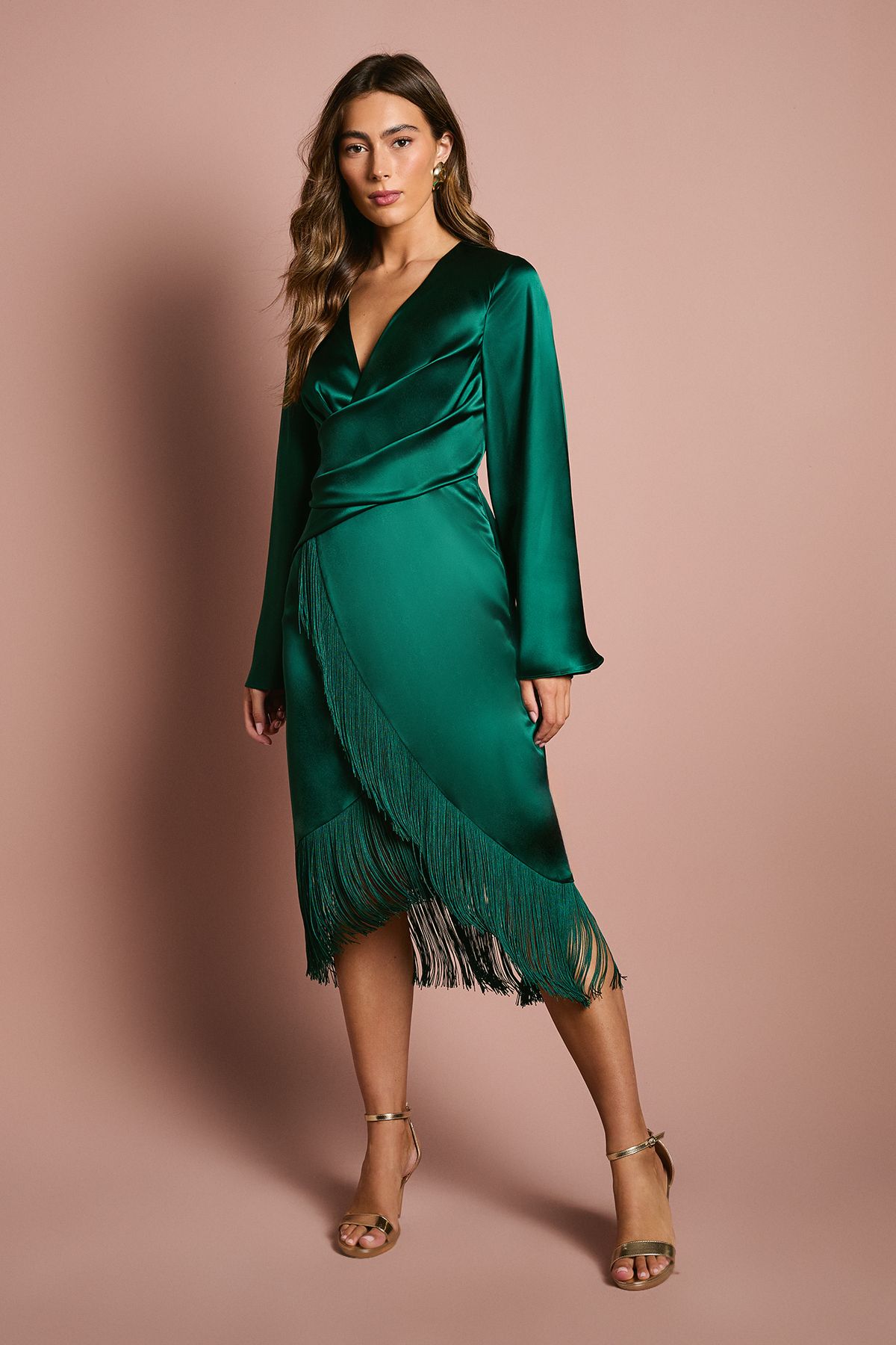 Coast Satin Fringe Hem Wrap Waist Midi Dress Emerald image 1