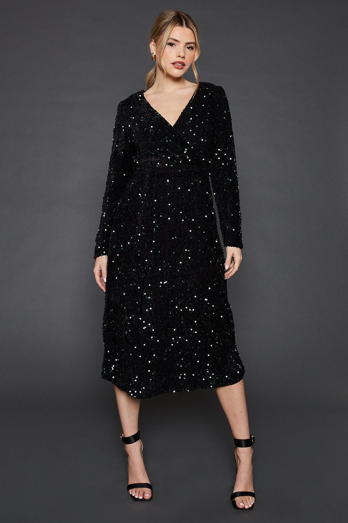 Dorothy Perkins Velvet Sequin Wrap Midi Dress Bottle Green