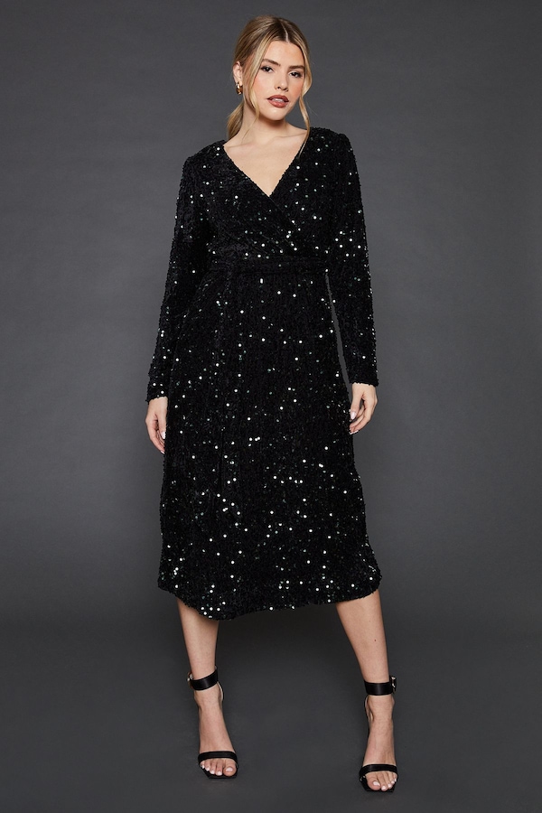 Dorothy Perkins Velvet Sequin Wrap Midi Dress Bottle Green