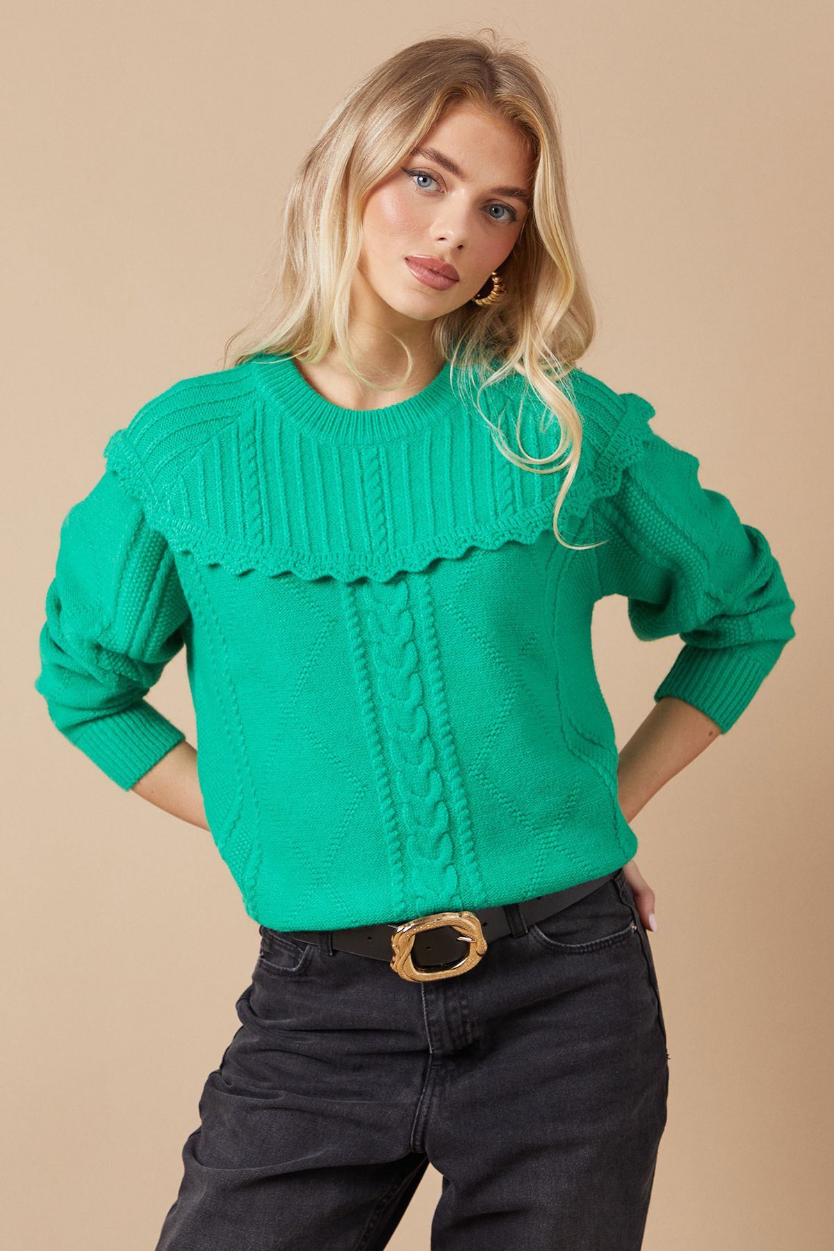 Oasis Cable Knitted Crochet Trim Detail Jumper Green image 1