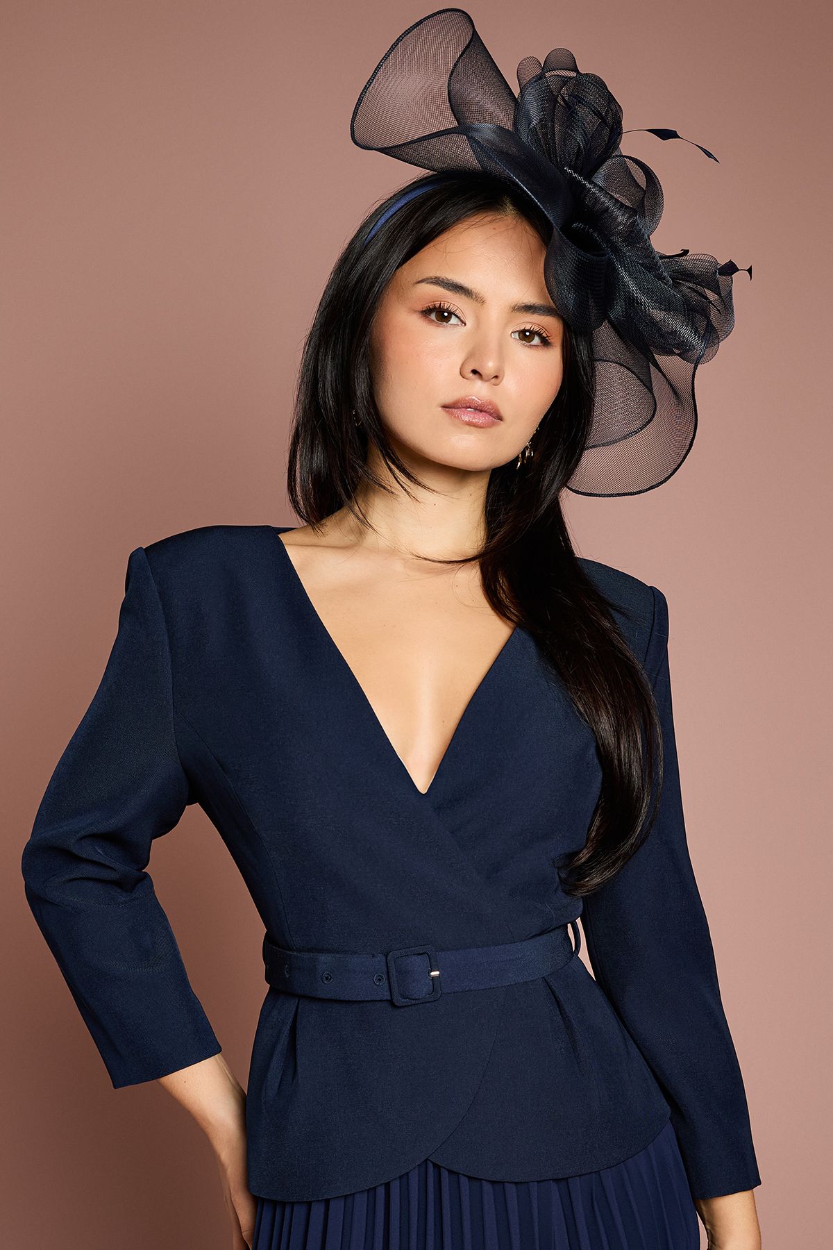 Coast Petite Crepe Bodice Long Sleeve Pleated Midi Dress Navy image 2