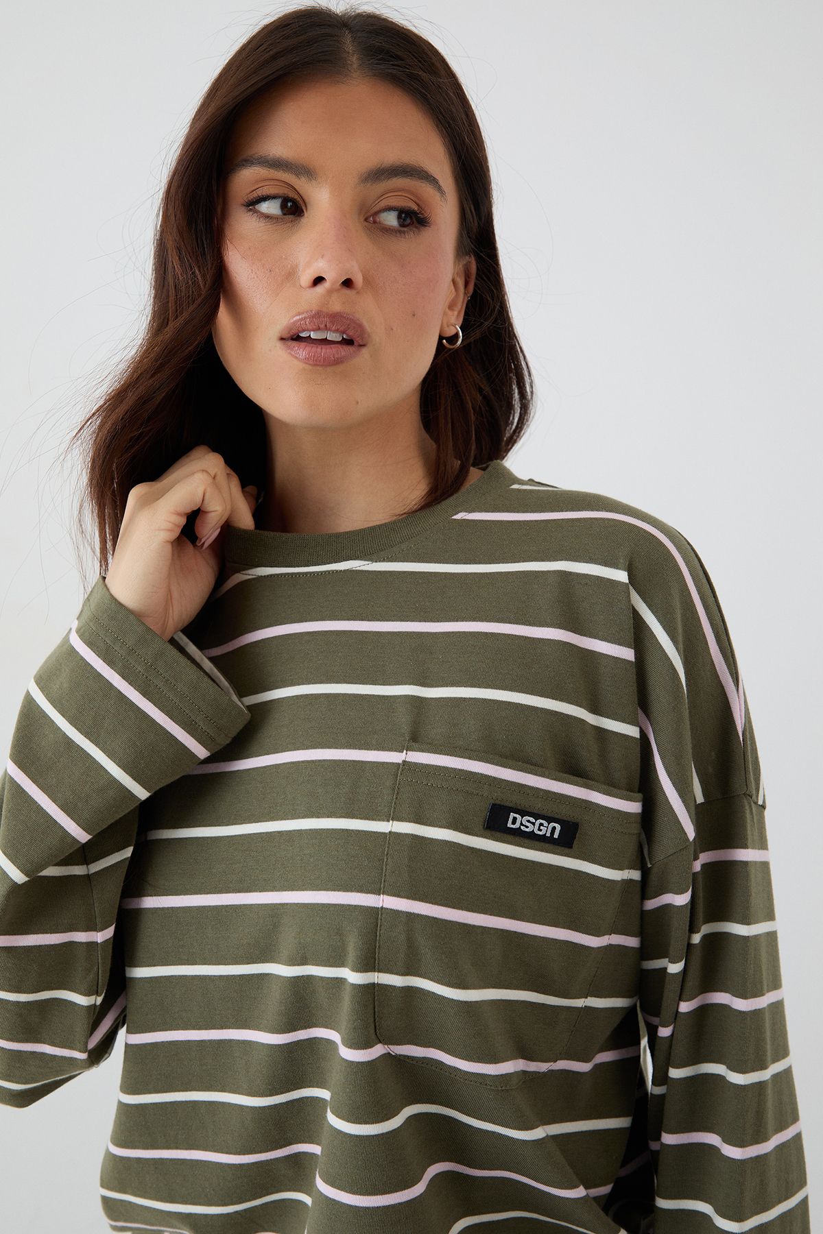 DSGN Studio DSGN Studio Stripe Oversized Long Sleeve T-Shirt Olive image 4