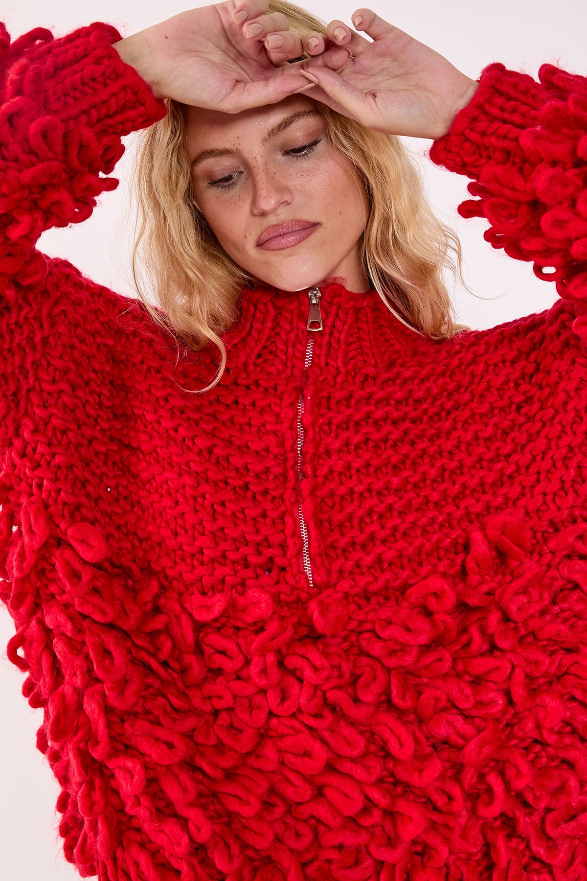 NastyGal Loopy Quarter Zip Oversized Jumper Red image 3