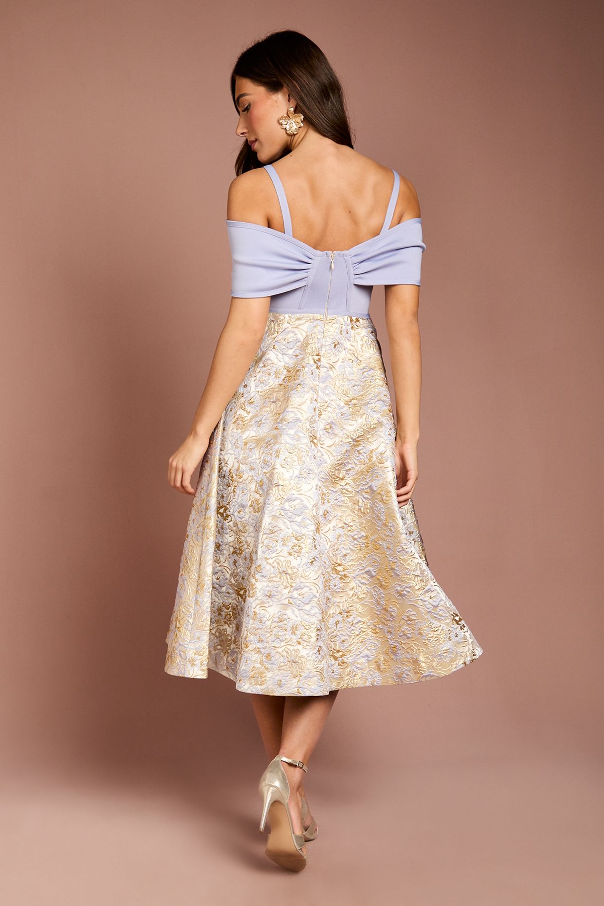 Coast Shoulder Bandage Midi Dress With Jacquard Skirt Light Blue image 3