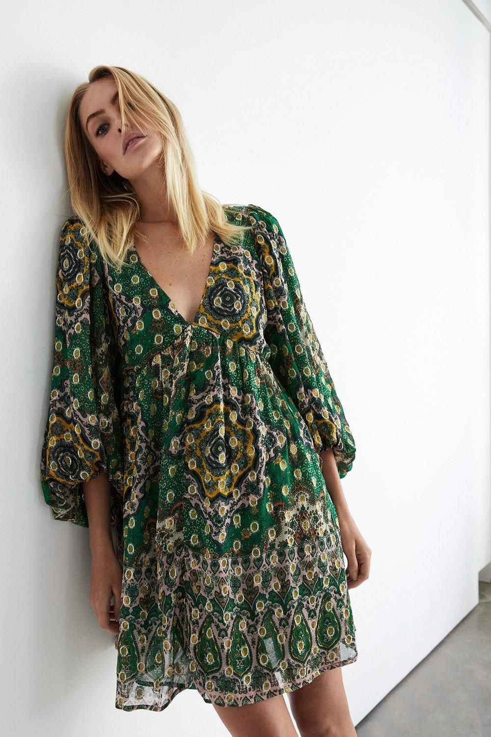 Warehouse Sparkle Border Print V Neck Mini Dress Green image 5