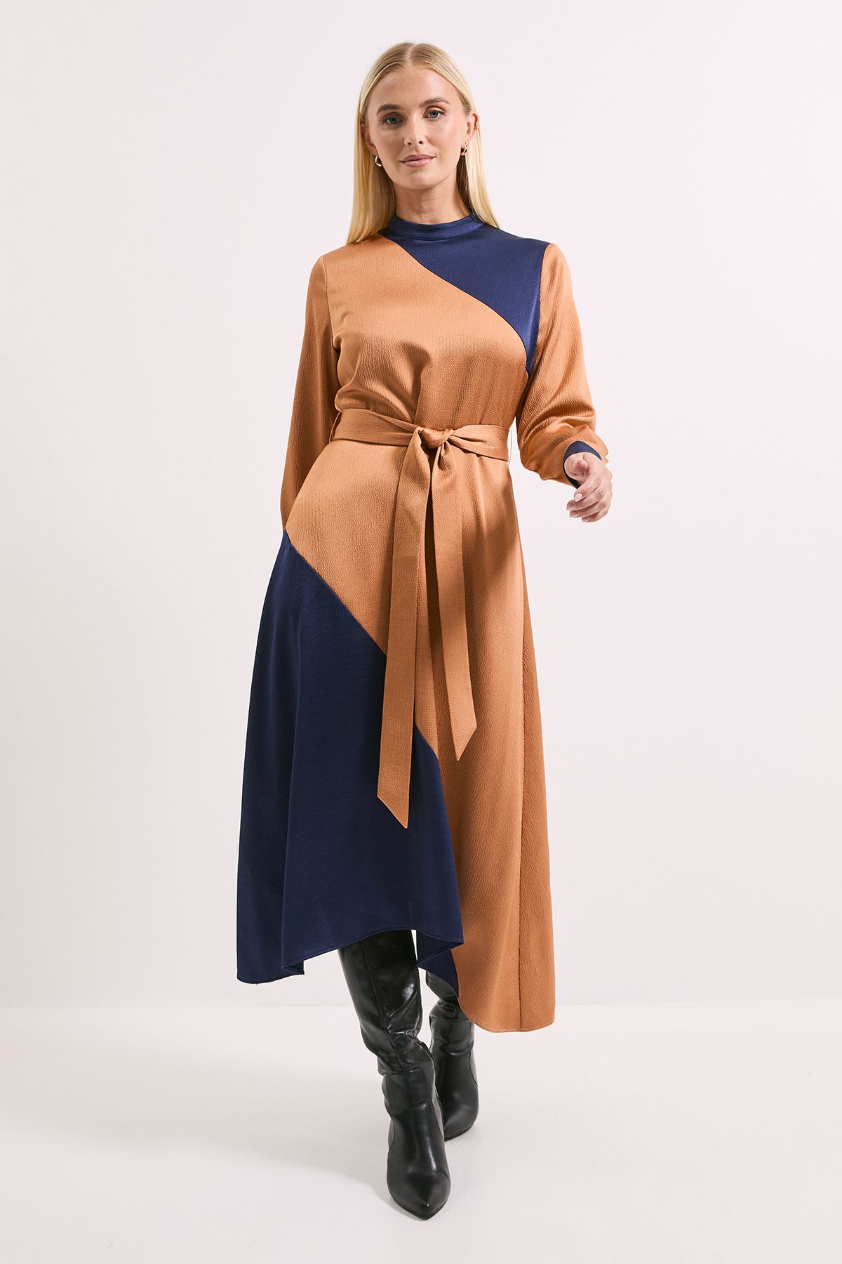 Principles Hammered Satin Contrast Tie Waist Midaxi Dress Ginger