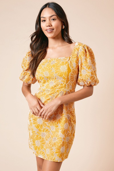 Dorothy Perkins Cutwork Floral Scalloped Edge Mini Dress Ochre