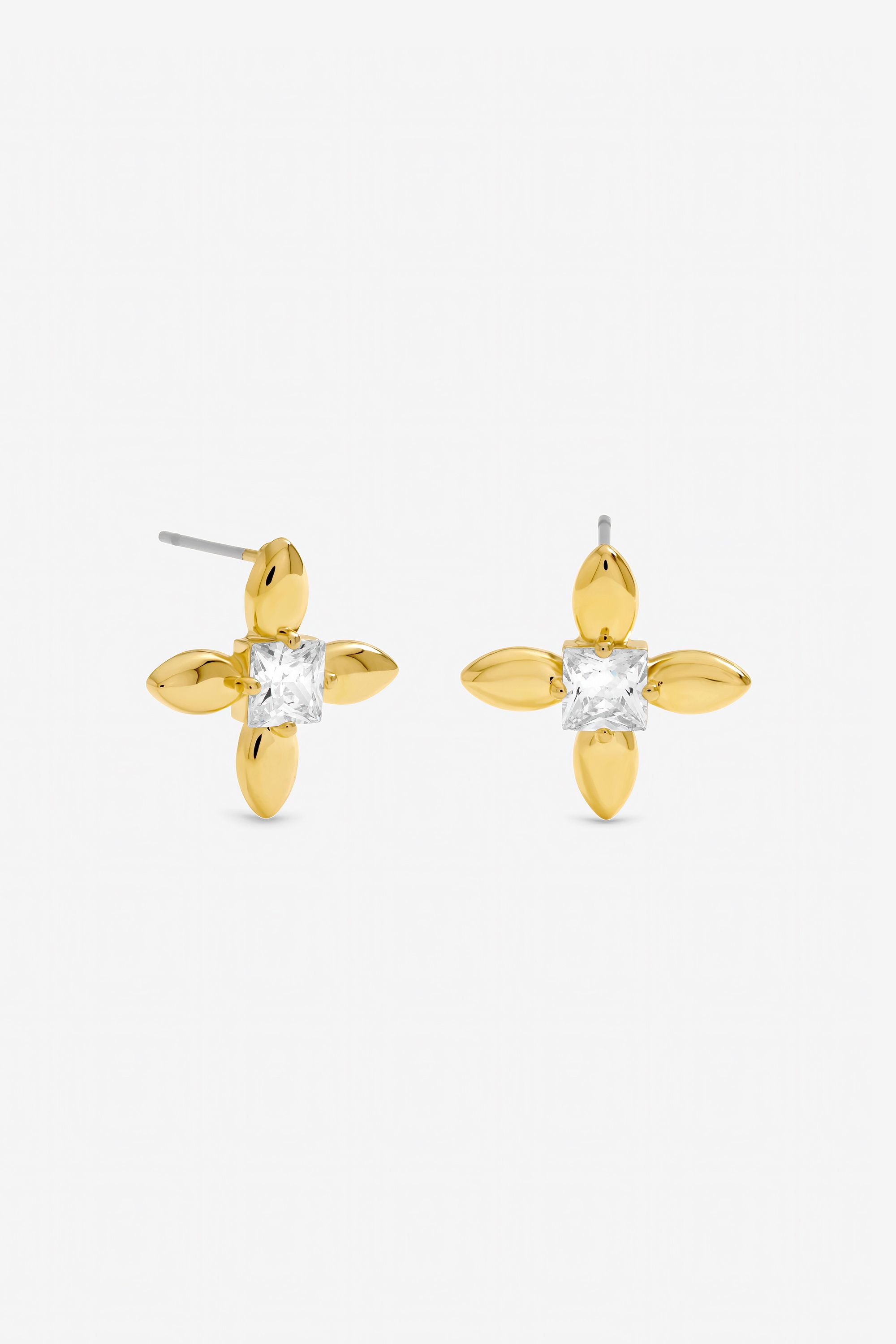 Inicio Gold Plated and Crystal Clover Stud Earrings - Gift Pouch image 1