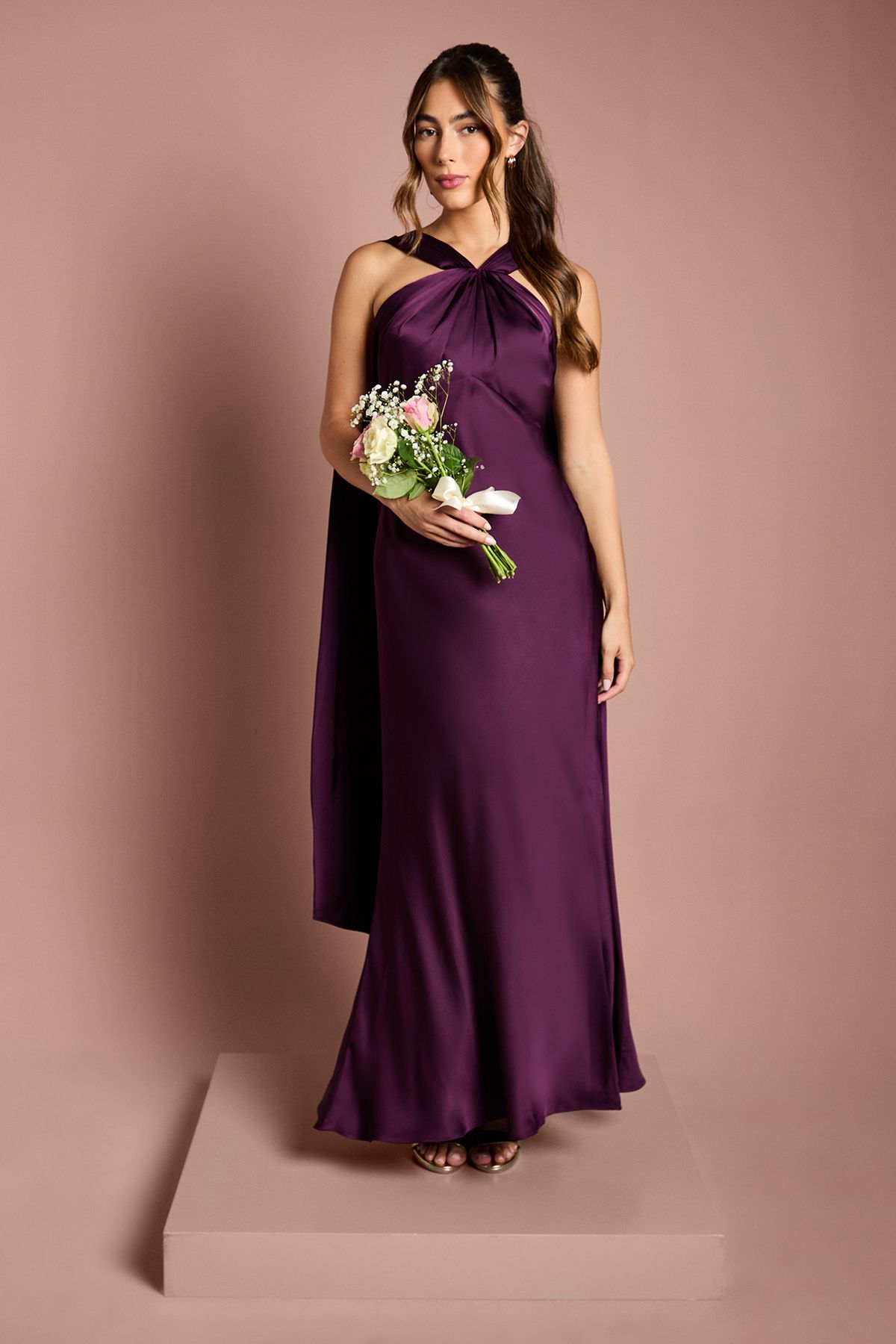 Coast Satin Halterneck Maxi Bridesmaid Dress with Over The Shoulder Drape Detail Grape image 1