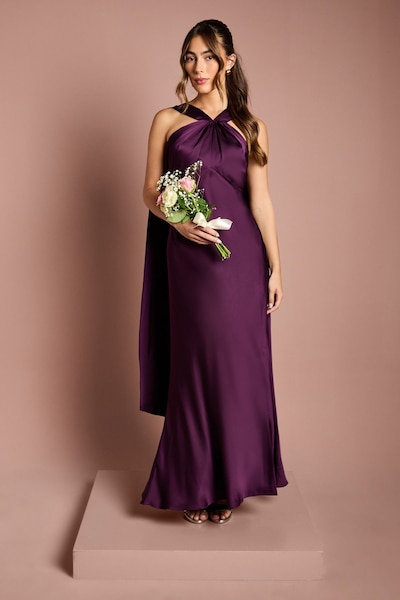 Coast Satin Halterneck Maxi Bridesmaid Dress with Over The Shoulder Drape Detail Grape